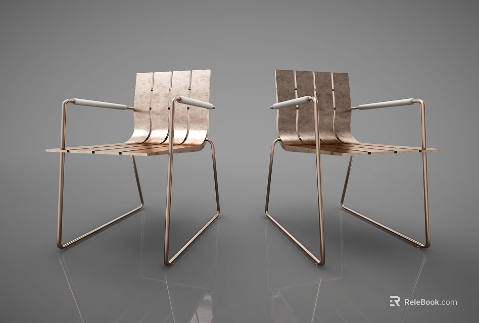 Pair of Modern Leisure Chairs With Metal Frame Wooden Slats And Armrests 3d model 