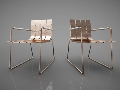 Pair of Modern Leisure Chairs With Metal Frame Wooden Slats And Armrests 3d model