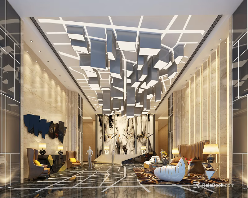 Elegant Modern Hotel Lobby Interior With Geometric Ceiling Decor And Marble Flooring And Sofa Seating 3d model 