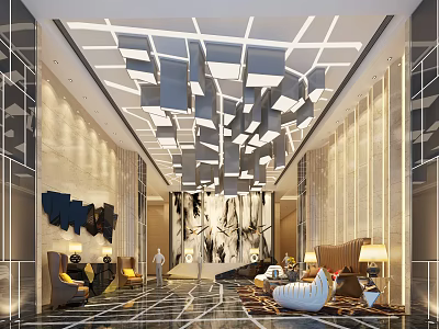Elegant Modern Hotel Lobby Interior With Geometric Ceiling Decor And Marble Flooring And Sofa Seating 3d model