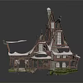 Medieval Style Building Structure With Wooden Tower Gabled Roof Staircase Platform And Windows
