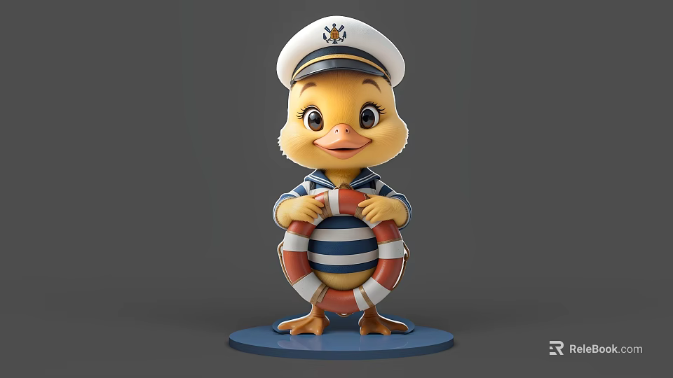 Cute Yellow Duckling in Sailor Uniform Holding Lifebuoy on Blue Base 3d model 
