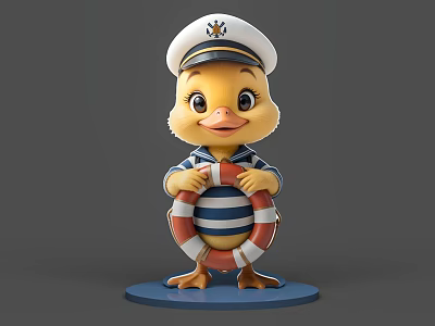 Cute Yellow Duckling in Sailor Uniform Holding Lifebuoy on Blue Base 3d model