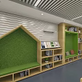 School Library Interior With Bookshelves Wooden Chairs Long Tables Windows And Green Plants