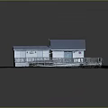 Wooden House With Blue Roof White Walls Wooden Deck Near Small Shed On Grass