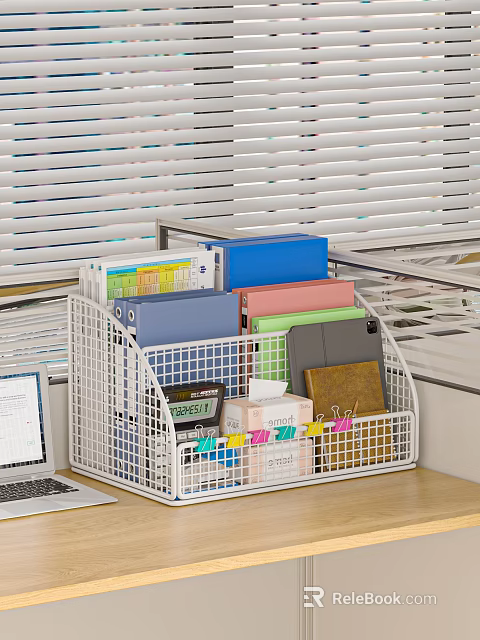 Organized Colorful Folders In Wire Mesh Organizer With Notebooks And Sticky Tabs On Office Desk 3d model 