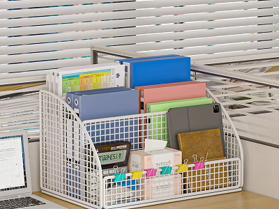 Organized Colorful Folders In Wire Mesh Organizer With Notebooks And Sticky Tabs On Office Desk 3d model