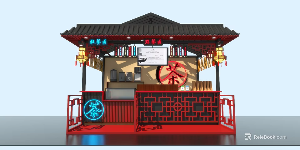 Traditional Chinese Tea Stall With Red Black Decor And Lanterns Design 3d model 