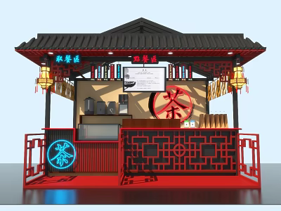Traditional Chinese Tea Stall With Red Black Decor And Lanterns Design 3d model