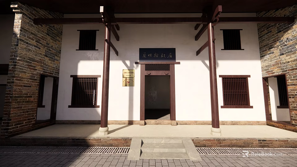 Traditional Chinese Architectural Entrance With Wooden Pillars Stone Steps And Plaque 3d model 