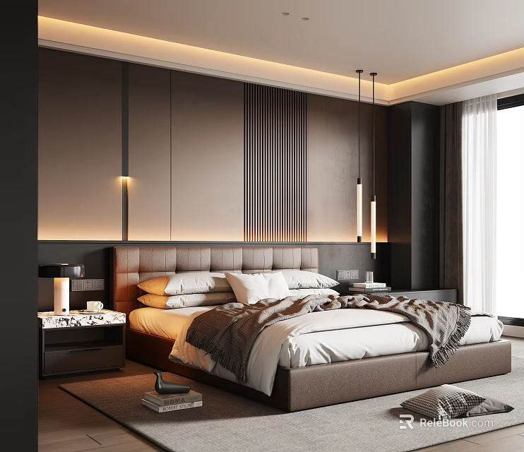 Modern Bedroom Interior With Upholstered Headboard Vertical Slat Accent Wall Recessed Lighting And Pendant Lights 3d model 