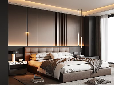 Modern Bedroom Interior With Upholstered Headboard Vertical Slat Accent Wall Recessed Lighting And Pendant Lights 3d model