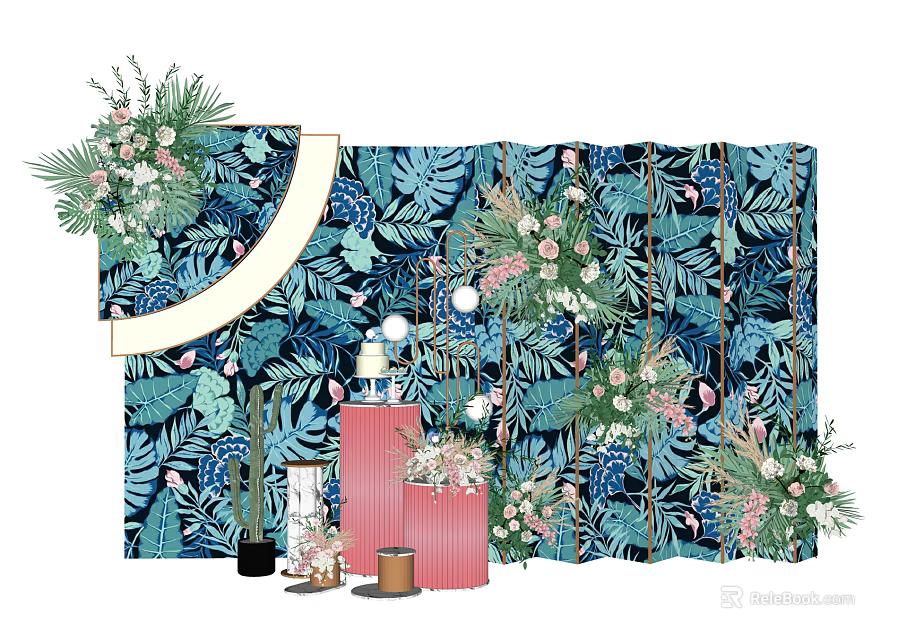 Floral Installation With Tropical Leaf Backdrop And Pink Curved Arch Decor 3d model 