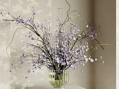 Clear Glass Vase With Purple Flowers And Long Curved Stems For Home Decor 3d model