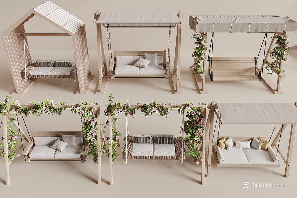Outdoor Wooden Swing Chairs With Canopy Green Plants And Soft Cushions Design 3d model 