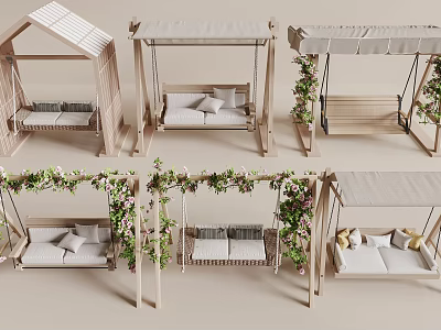 Outdoor Wooden Swing Chairs With Canopy Green Plants And Soft Cushions Design 3d model