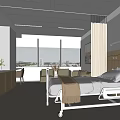 Modern Hospital Outpatient Room With Bed Medical Equipment Large Windows And Decorative Painting