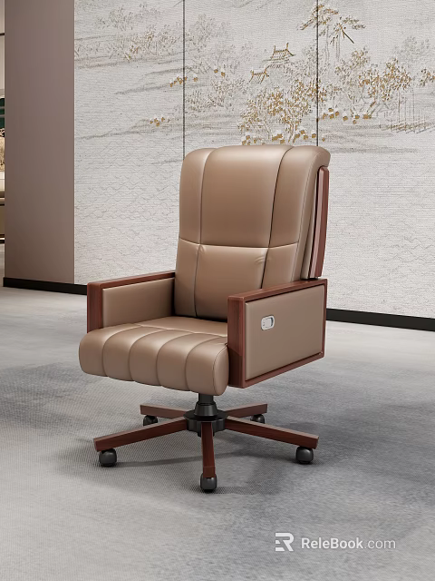 Beige Leather Office Chair With Wooden Armrests And Swivel Design For Modern Workspace 3d model 
