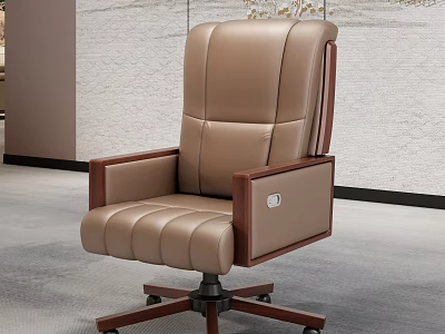 Beige Leather Office Chair With Wooden Armrests And Swivel Design For Modern Workspace 3d model