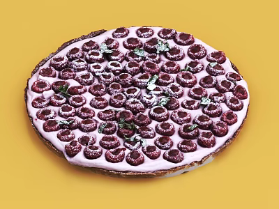 Round Fruit Tart Topped With Red Berries Green Leaves And Powdered Sugar On Yellow Background 3d model