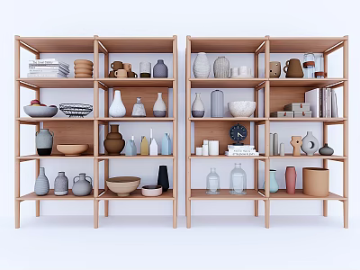 Wooden Multi tiered Shelving Unit Displaying Decorative Vases Bowls And Ceramic Items 3d model