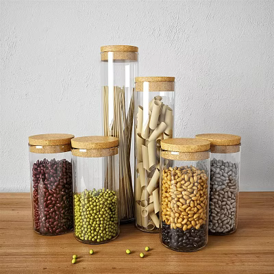 Clear Glass Jars with Cork Lids Holding Dried Beans and Noodles on Wooden Table 3d model