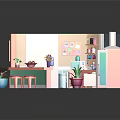 Vibrant Small Kitchen Interior With Blue Tiled Floor Pink Stools Green Cabinets And Wall Decorations