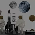 Decorative Space Themed Display With Astronaut Figures Rocket Model And Moon Prints 3d model