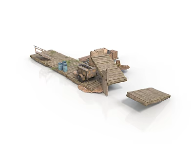 Wooden Dock Structure With Planks Crates And Floating Platform Sections 3d model