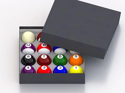 Open Black Case With Colored Numbered Billiard Balls Sports Equipment Set 3d model