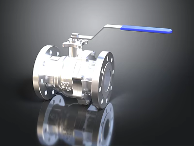 Stainless Steel Industrial Ball Valve With Blue Handle And Flanged Connections 3d model