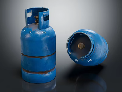 Blue Gas Cylinders In Standing And Tilted Positions With Valve Details 3d model