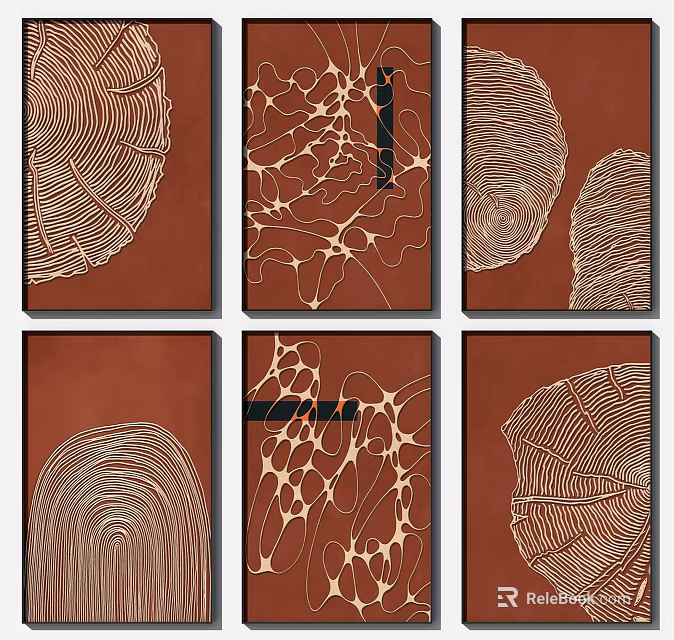 Abstract Paintings With Terracotta Background Textured Lines Reticular Patterns And Black Frames 3d model