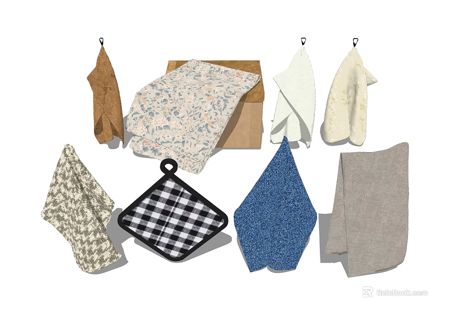 Assorted Kitchen Towels And Pot Holders With Various Patterns And Colors 3d model 
