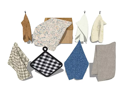 Assorted Kitchen Towels And Pot Holders With Various Patterns And Colors 3d model