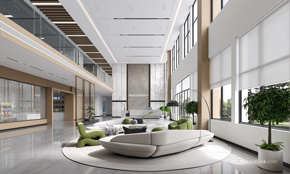 Modern Spacious Office Reception Lobby With Comfortable Curved Sofas And Large Bright Windows 3d model 