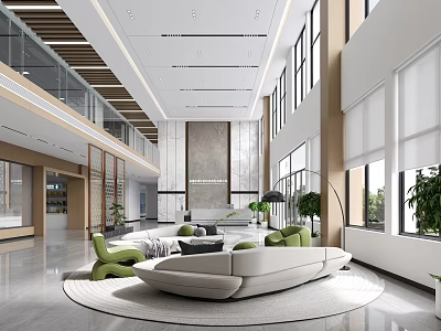 Modern Spacious Office Reception Lobby With Comfortable Curved Sofas And Large Bright Windows 3d model