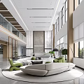 Modern Spacious Office Reception Lobby With Comfortable Curved Sofas And Large Bright Windows