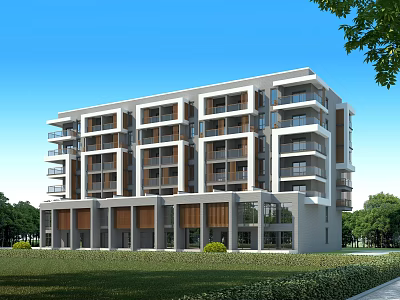 Modern Residential Building With Balconies Multi Storey White Brown Exterior Green Lawn And Trees 3d model