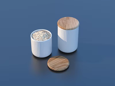 Household Storage Jars White Ribbed Design With Wooden Lids Containing Oats 3d model