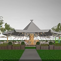 Stunning Garden Landscape With White Tent Decorative Lights Lawn Pathway And Trees