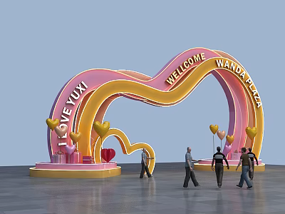 Pink and Yellow Archway with LOVE YUXI WELCOME WANDA PLAZA Heart Decorations and People Walking 3d model
