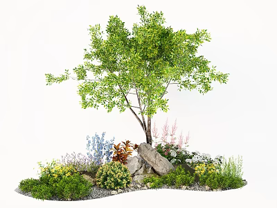 Lush Garden Plant Combination With Tall Tree Various Flowers And Stones 3d model
