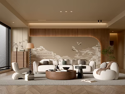 Quiet Style Living Room Antique Style Living Room Sofa Coffee Table Combination Leisure Sofa Chair Jewelry Decoration Background Wall 3d model