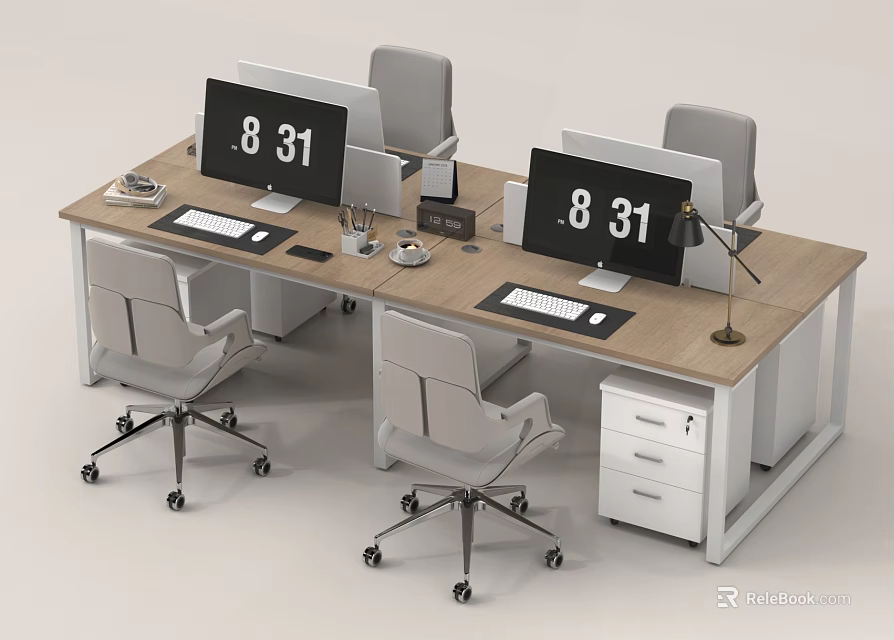 Wooden Office Desk With Dual Monitors Rolling Chairs Drawer Cabinet And Lamp Setup 3d model 
