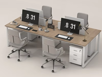Wooden Office Desk With Dual Monitors Rolling Chairs Drawer Cabinet And Lamp Setup 3d model