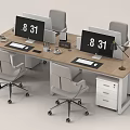 Wooden Office Desk With Dual Monitors Rolling Chairs Drawer Cabinet And Lamp Setup