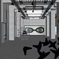 Book Art Exhibition Hall with Gray Walls Paintings Metal Trusses And Sculptures White Floor Tiles