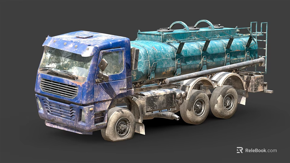 Old Blue Tanker Truck With Large Green Storage Tank Multiple Wheels And Worn Exterior 3d model 