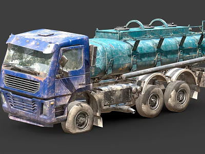 Old Blue Tanker Truck With Large Green Storage Tank Multiple Wheels And Worn Exterior 3d model